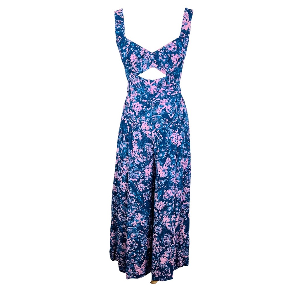 Rebecca Taylor Blue And Pink Floral Wide Leg Cropped Jumpsuit.